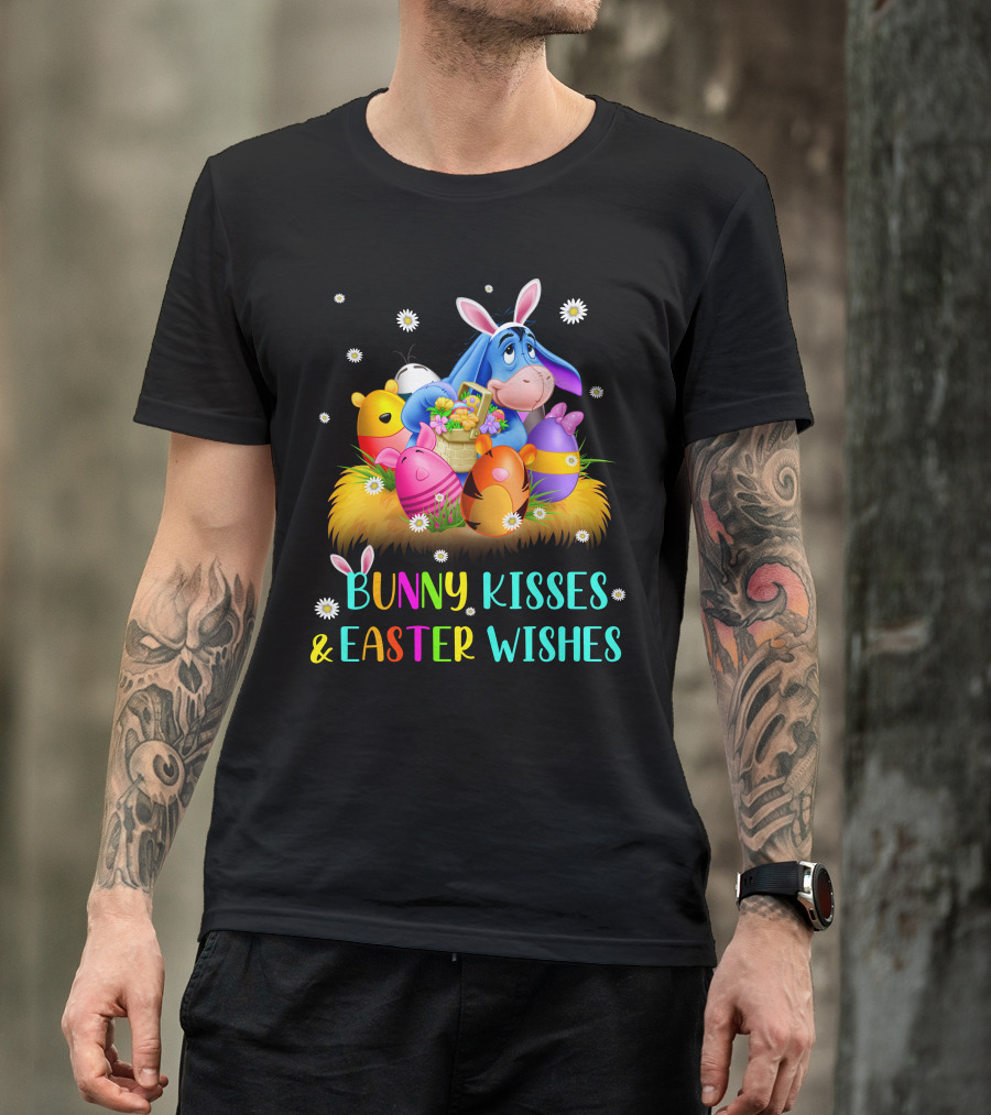 Bunny Kisses And Easter Wishes Eeyore Colorful Eggs Basket T-Shirt