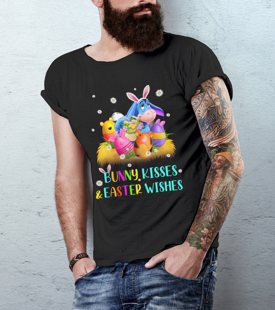 Bunny Kisses And Easter Wishes Eeyore Colorful Eggs Basket T-Shirt
