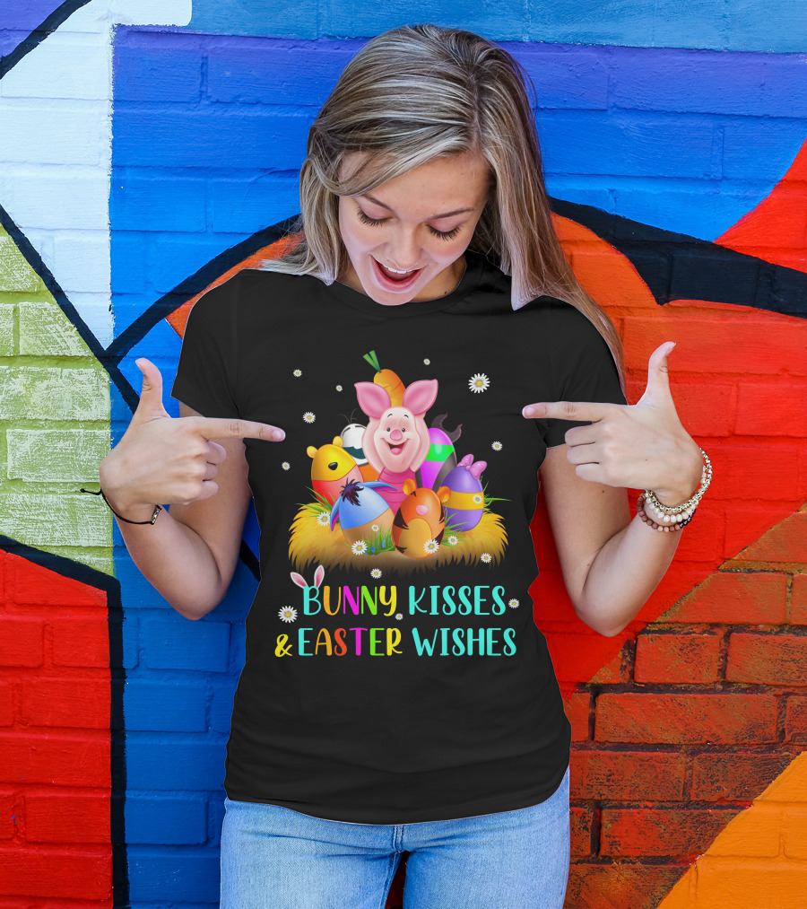 Bunny Kisses & Easter Wishes Piglet Colorful Eggs And Flowers T-Shirt