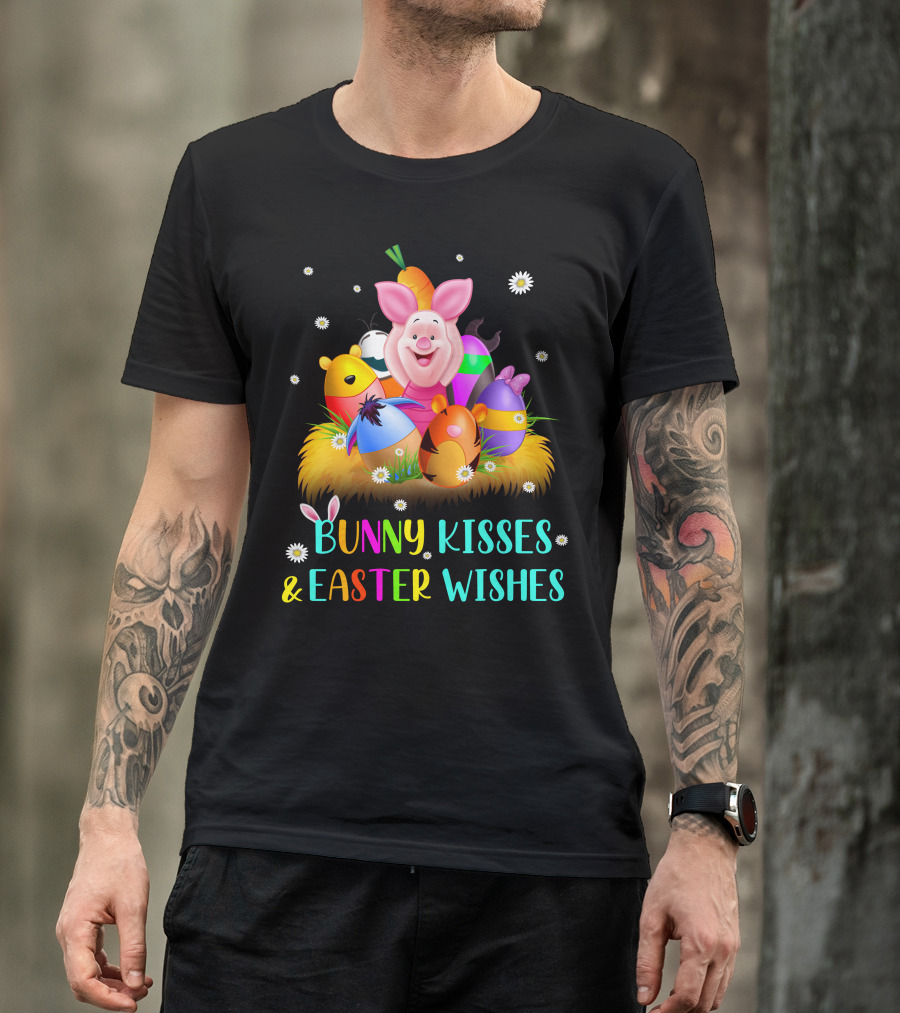 Bunny Kisses & Easter Wishes Piglet Colorful Eggs And Flowers T-Shirt