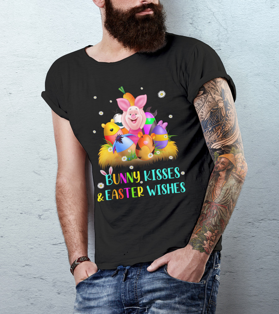 Bunny Kisses & Easter Wishes Piglet Colorful Eggs And Flowers T-Shirt