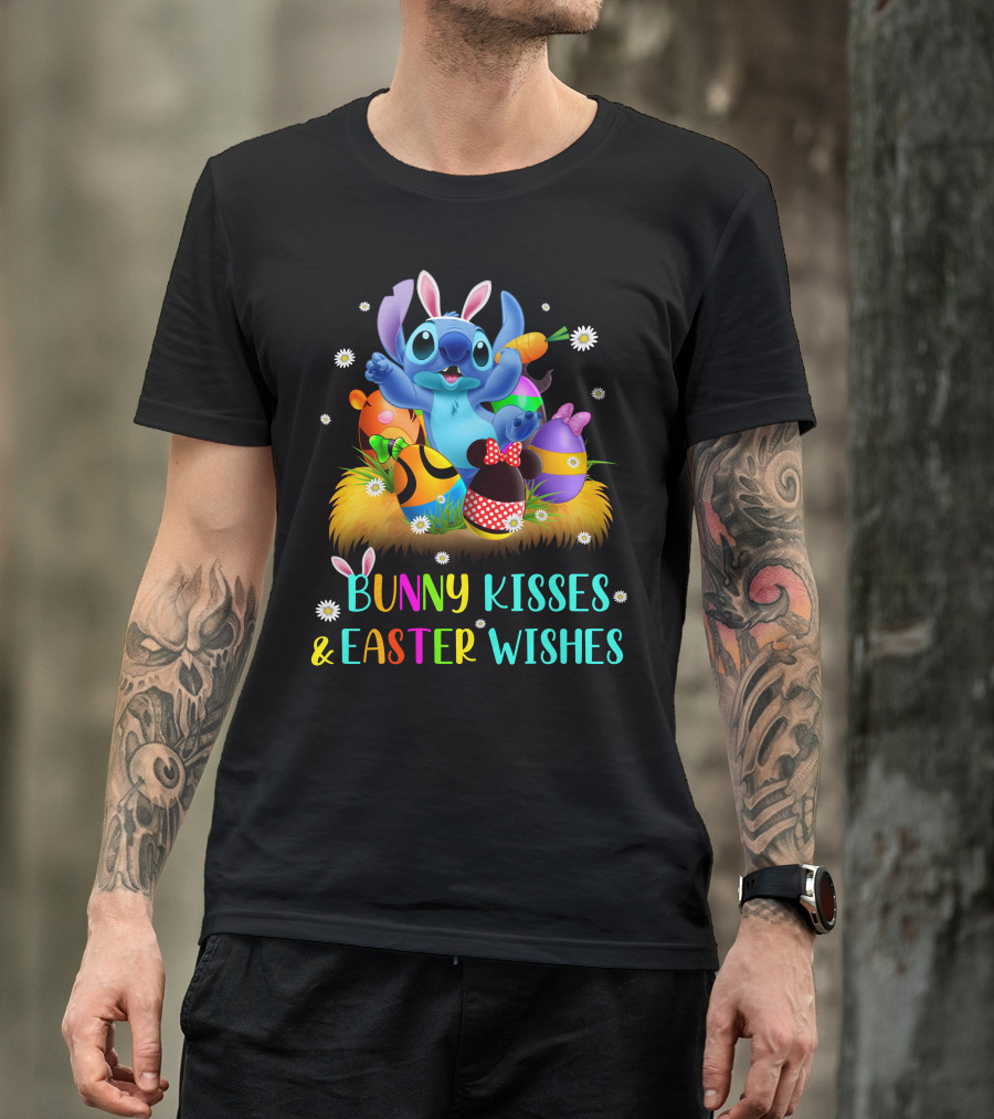 Bunny Kisses & Easter Wishes Stitch With Colorful Eggs And Spring Flowers T-Shirt
