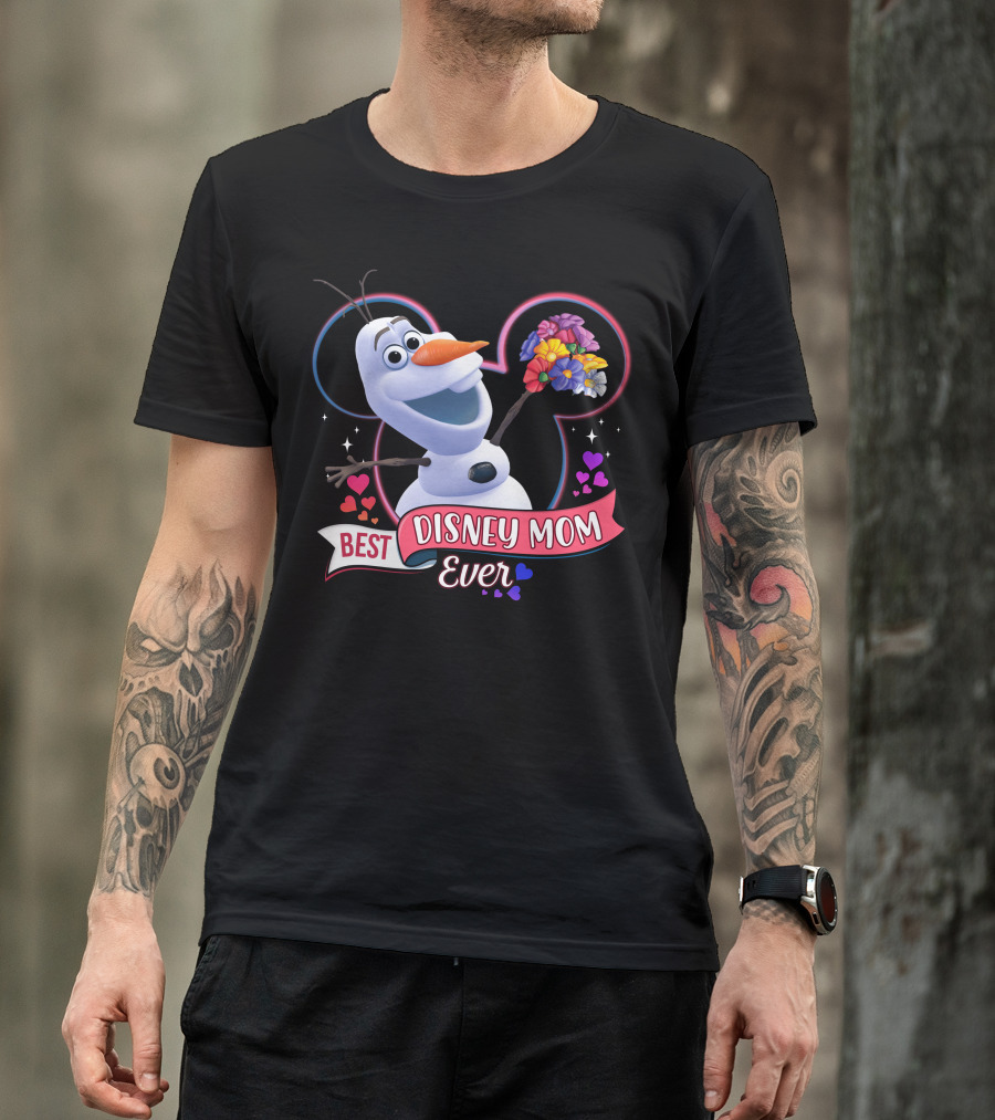 Best Disney Mom Ever Olaf Holding Flowers In Front Of Mickey Mouse Outline T-Shirt
