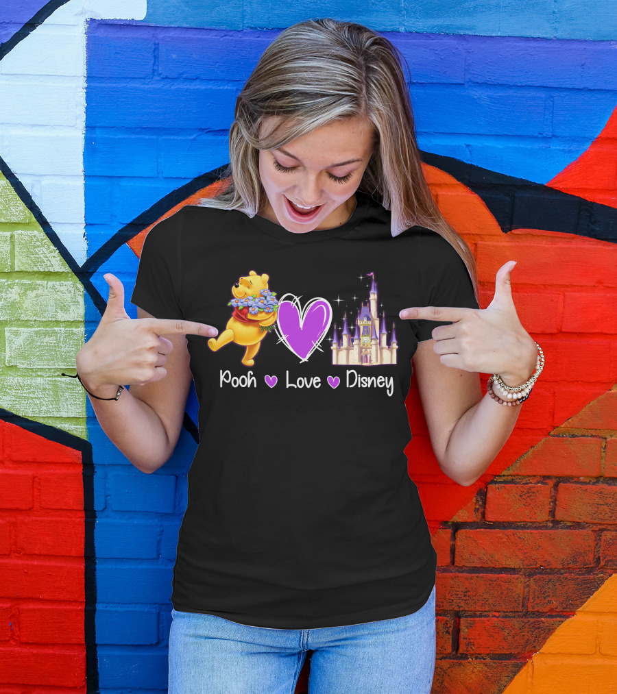 Pooh Love Disney With Purple Heart And Castle T-Shirt