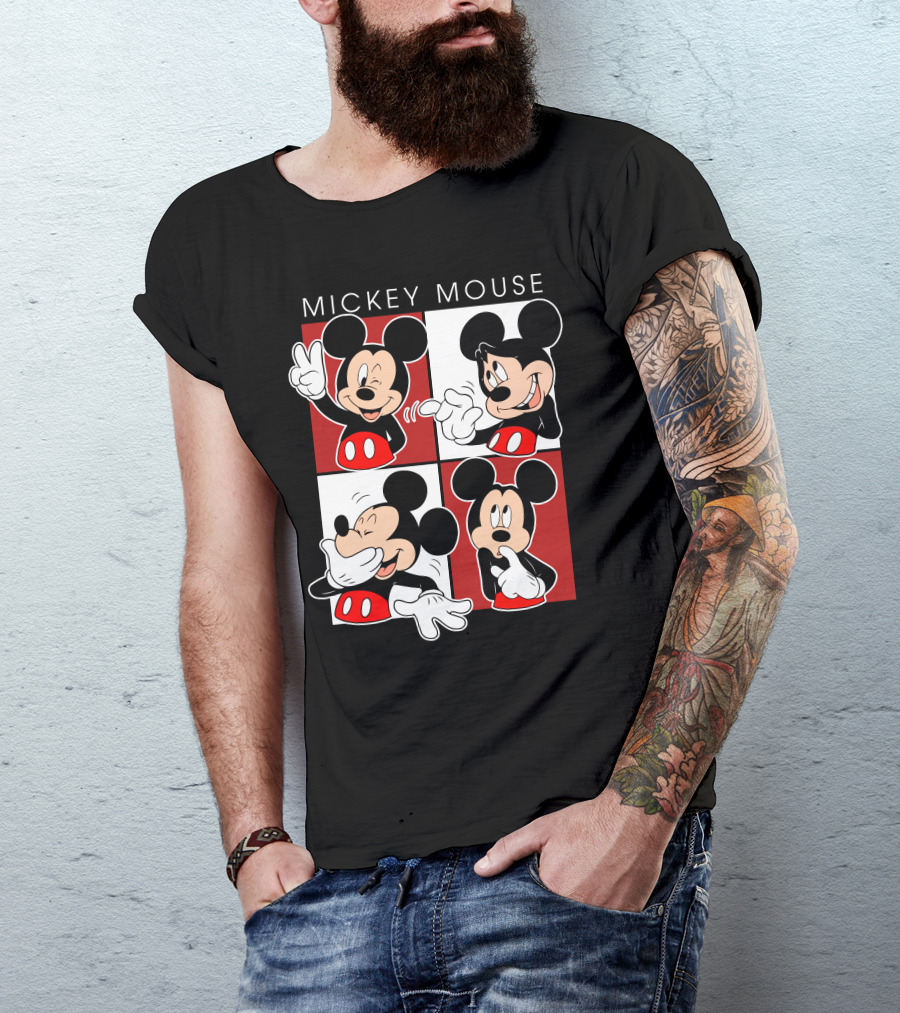 Mickey Mouse Expressive Poses Red And White Comic Panel T-Shirt