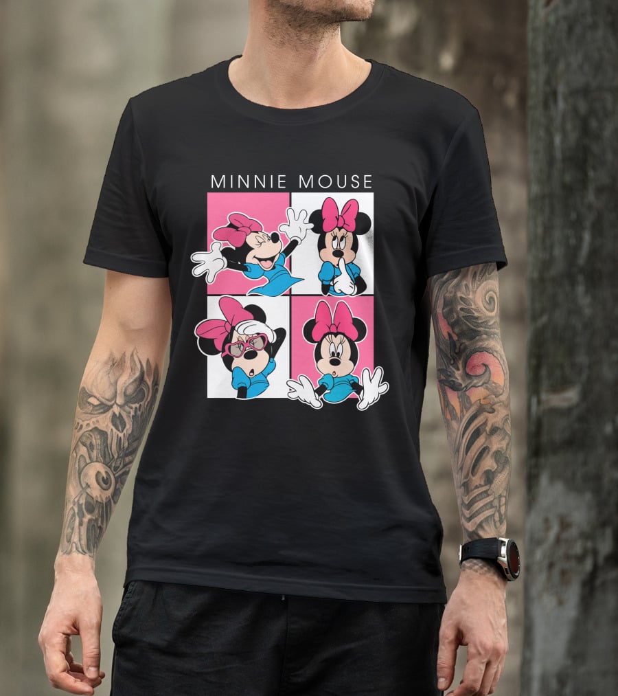 Minnie Mouse Expressive Poses In Blue Dress And Pink Bows T-Shirt