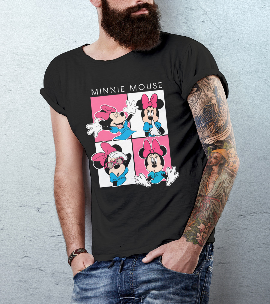 Minnie Mouse Expressive Poses In Blue Dress And Pink Bows T-Shirt