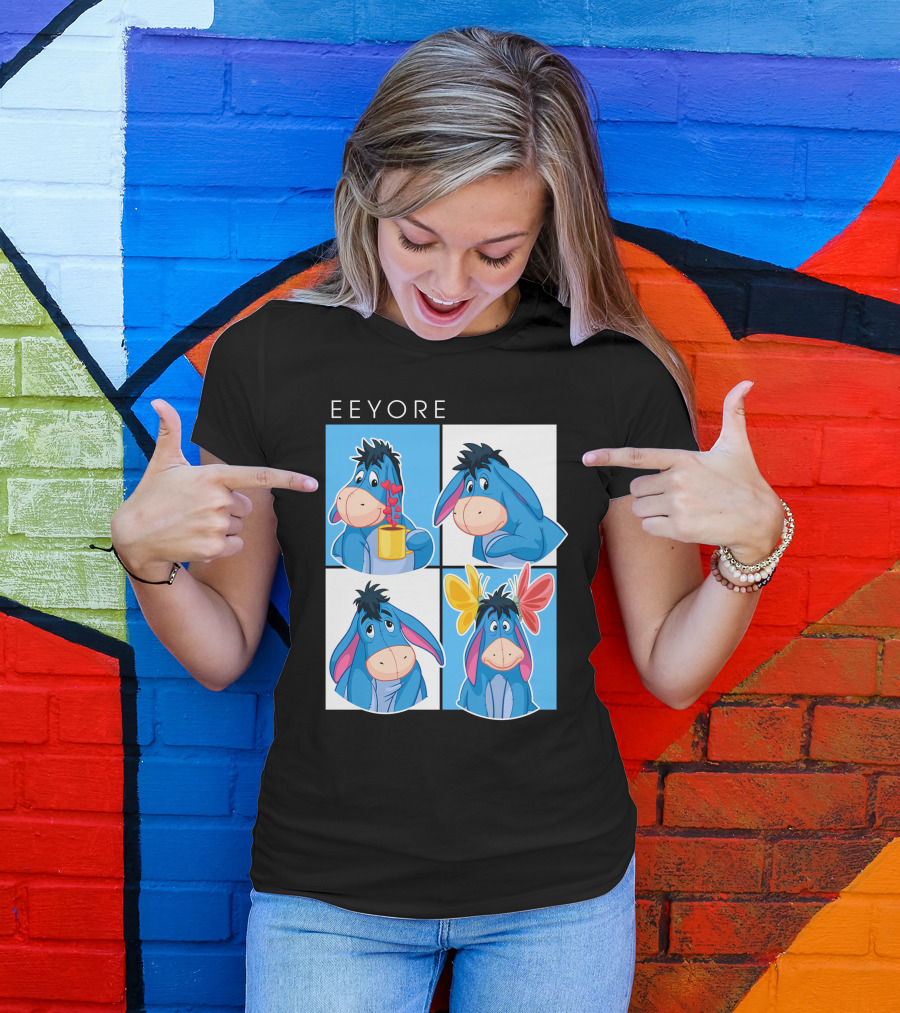 Eeyore Cartoon Expressions With Flowers And Mug T-Shirt