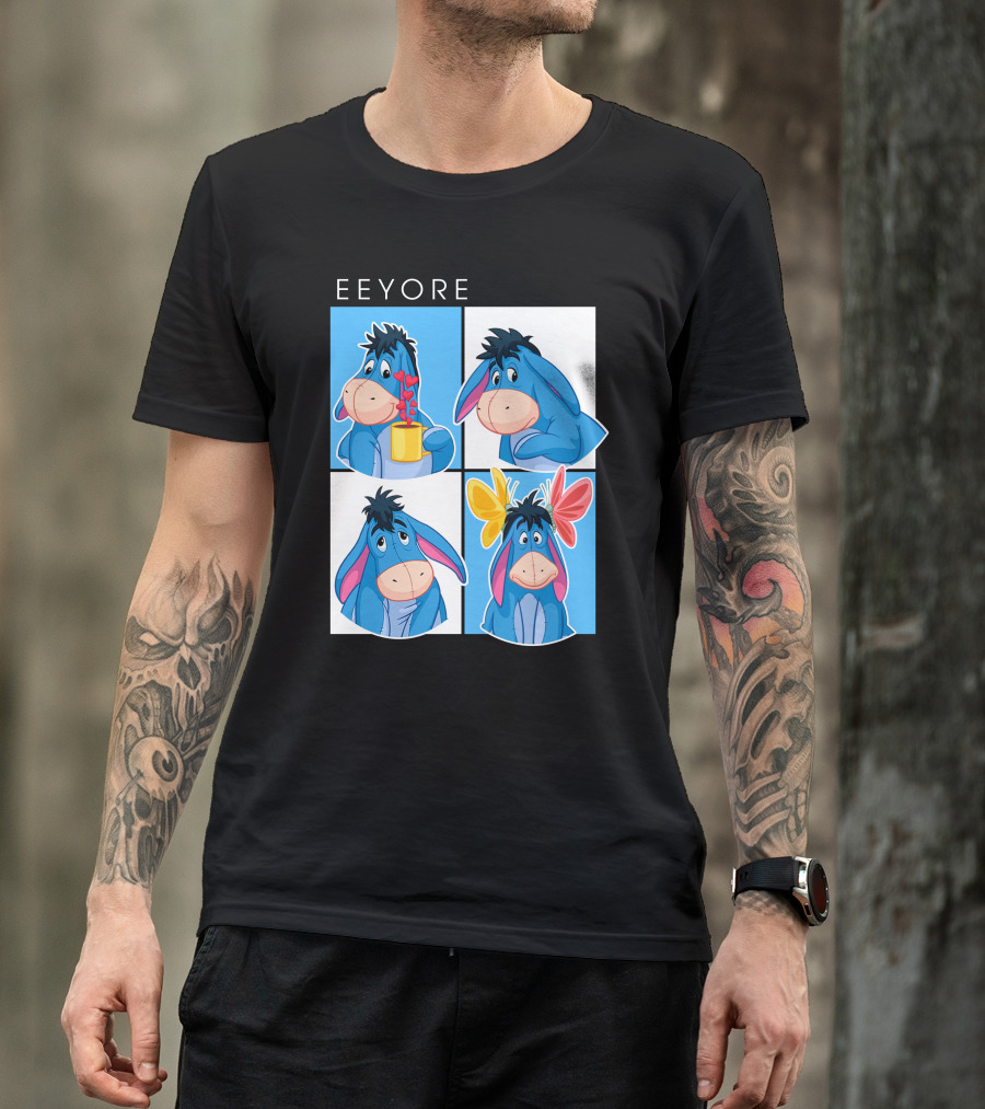 Eeyore Cartoon Expressions With Flowers And Mug T-Shirt