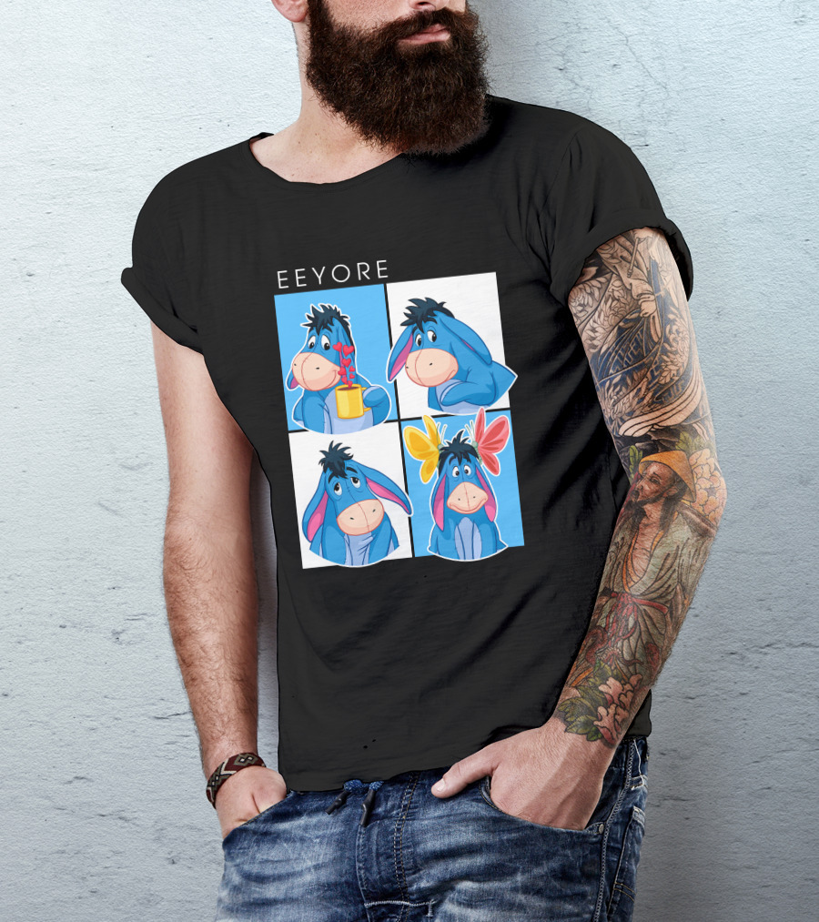 Eeyore Cartoon Expressions With Flowers And Mug T-Shirt