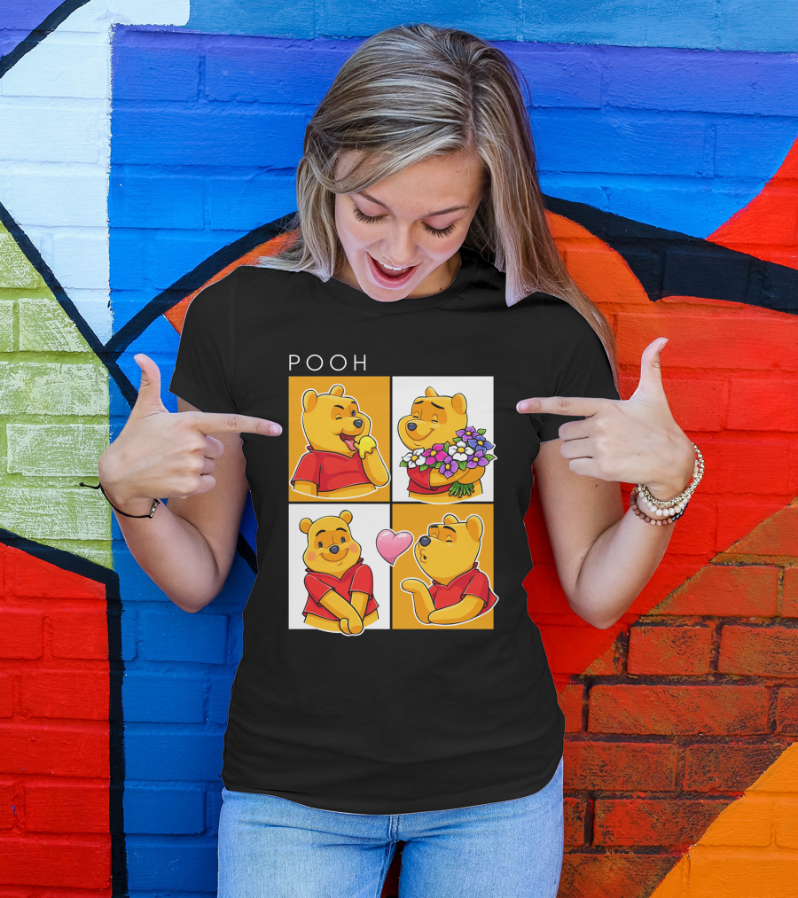 Pooh Cute Expressions And Flowers With Heart T-Shirt