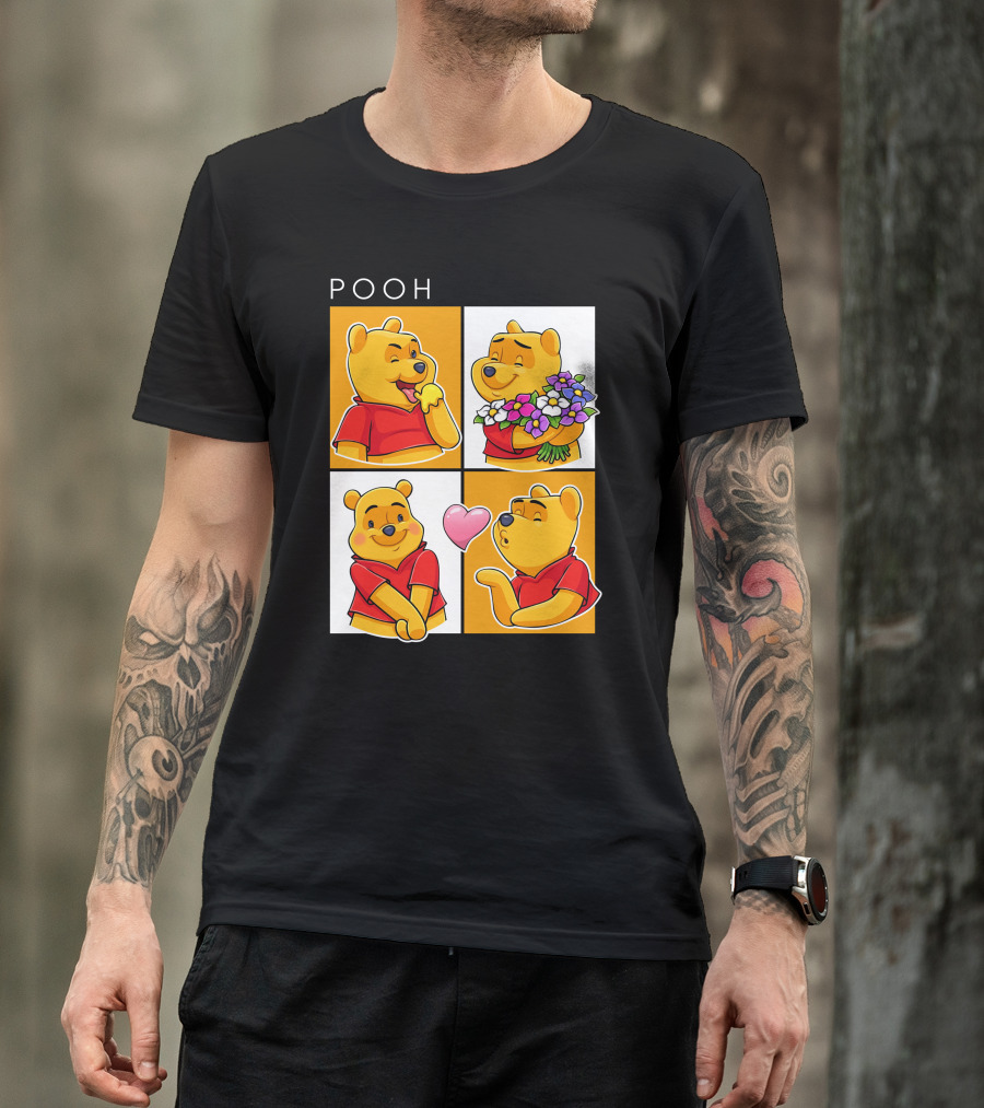 Pooh Cute Expressions And Flowers With Heart T-Shirt