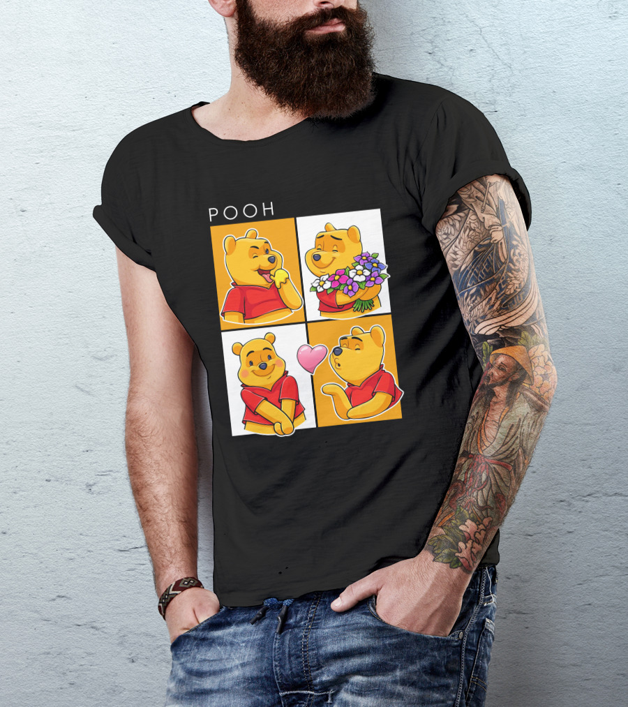Pooh Cute Expressions And Flowers With Heart T-Shirt