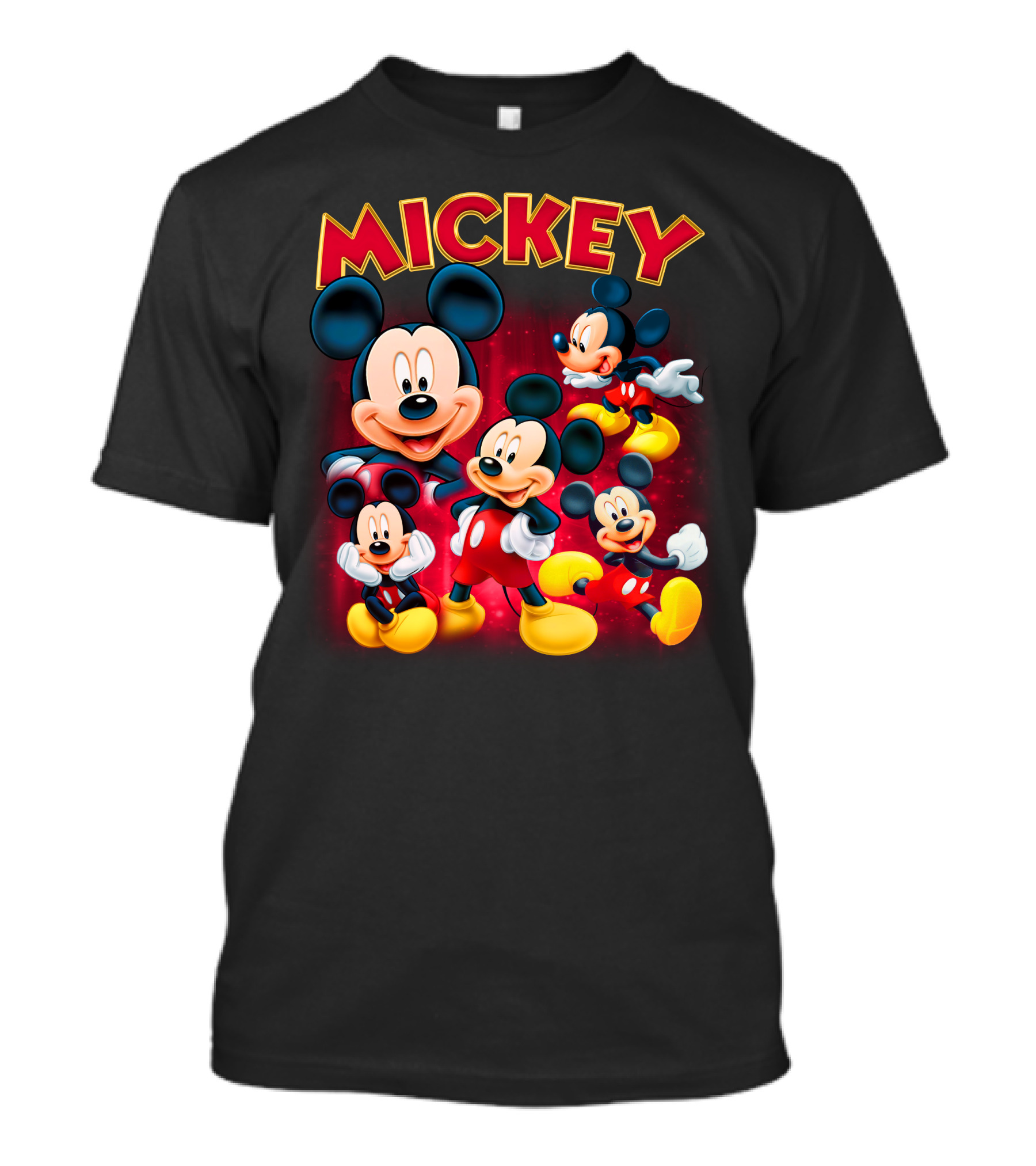 Mickey Czerwono-Żółty Napis Z Kilkoma Klasycznymi Postaciami W Różnych Pozach Na Ciemnym Tle T-Shirt
