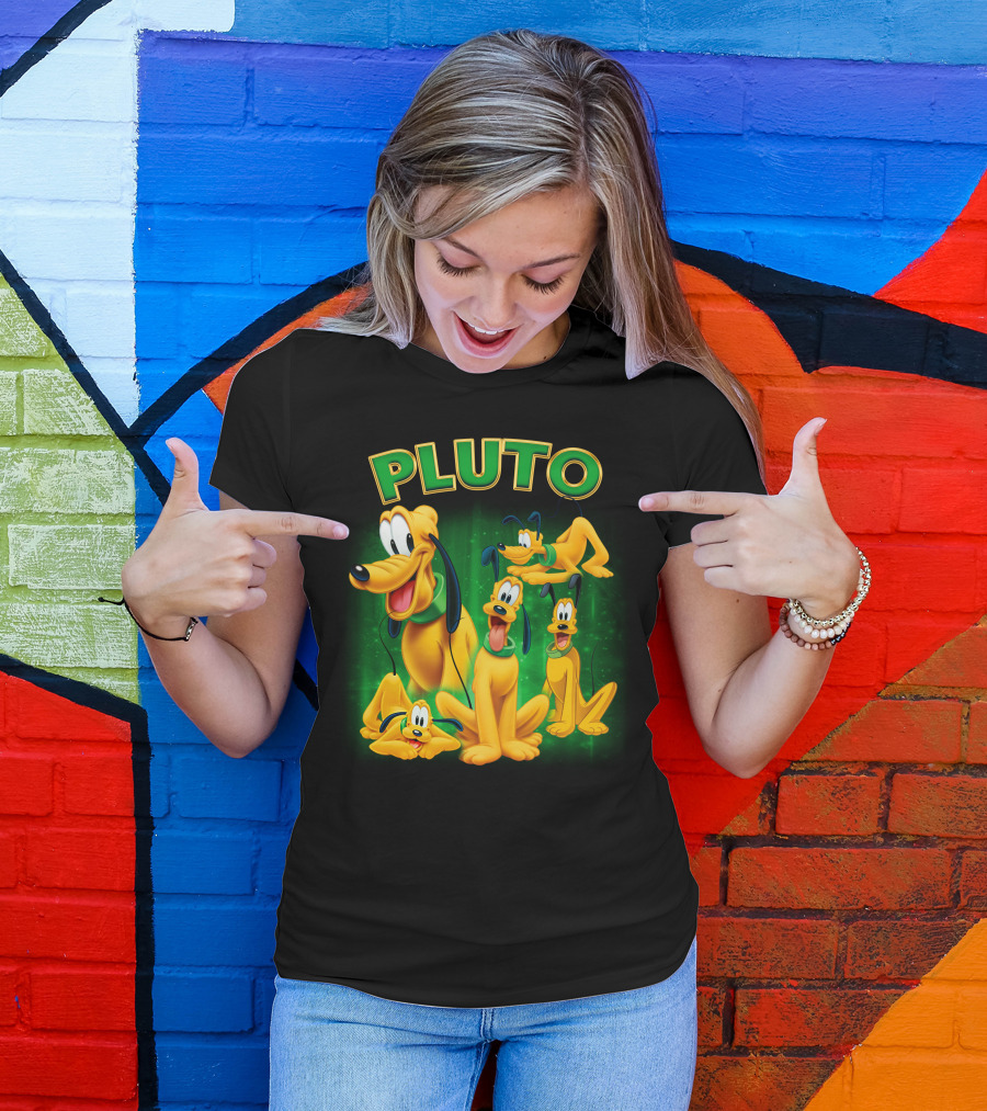 Pluto Classic Disney Character With Multiple Expressions On Green T-Shirt