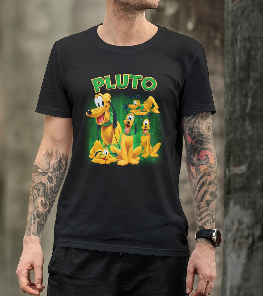 Pluto Classic Disney Character With Multiple Expressions On Green T-Shirt