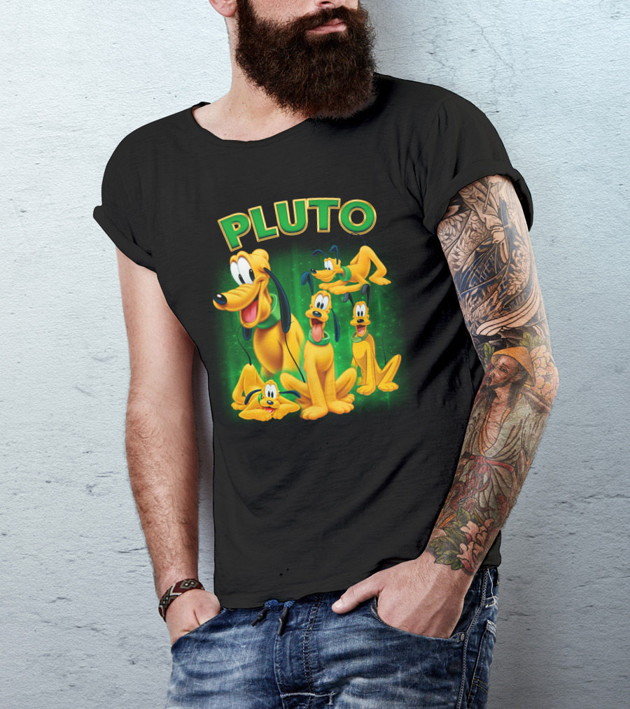 Pluto Classic Disney Character With Multiple Expressions On Green T-Shirt