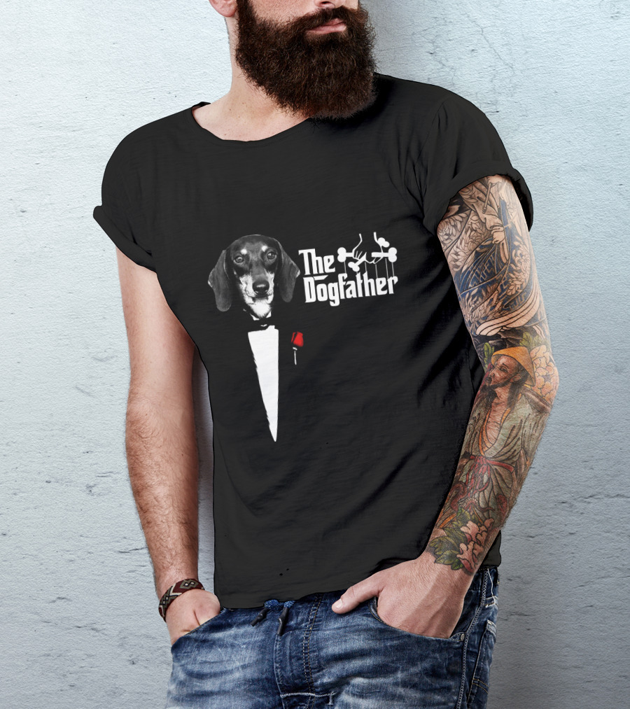 The Dogfather Dashund Tuxedo Rose Puppeteer T-Shirt