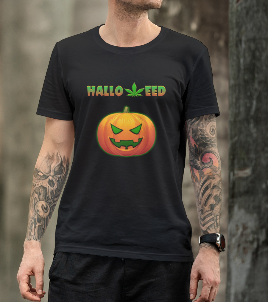 Halloweed Funny Pumpkin Halloween With Green Leaf Face T-Shirt