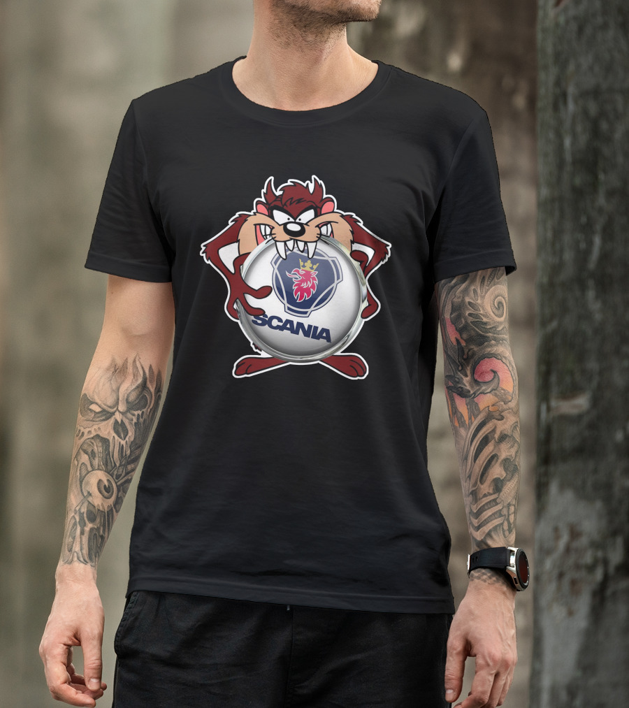 TAZ SCANIA Logo With Cartoon Character Holding Emblem T-Shirt