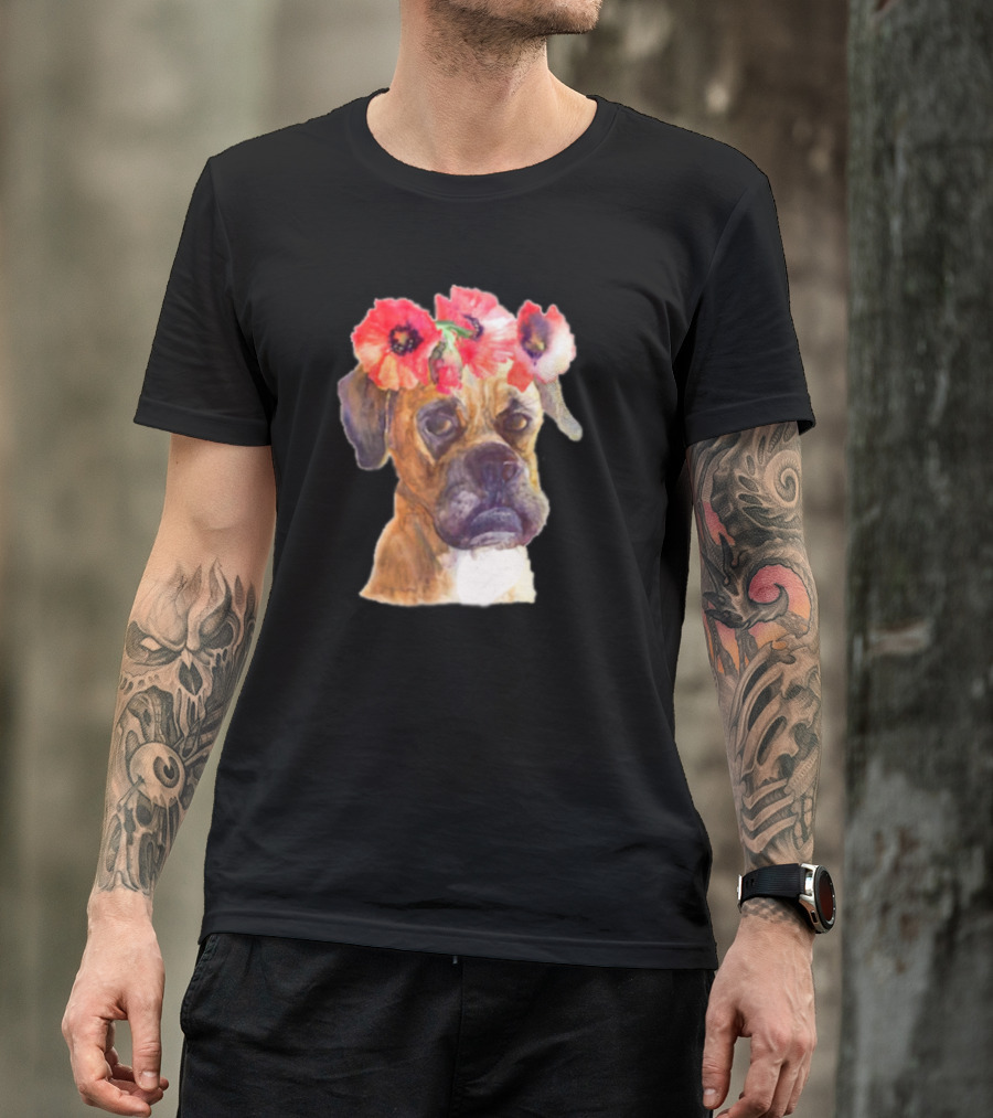 Floral Boxer Dog With Red Poppy Crown In Monster Dog Media T-Shirt