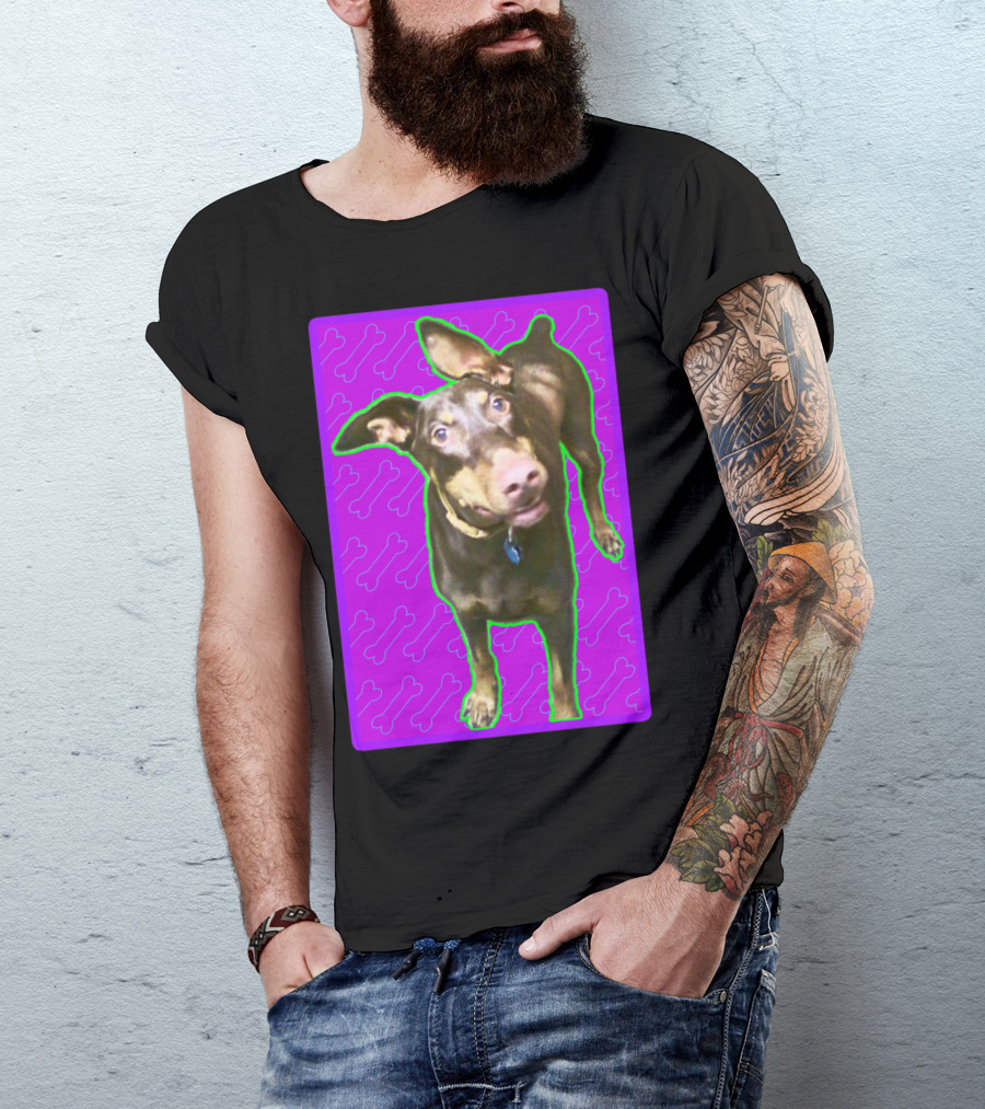 Barron The Dog With Playful Pink Bone Pattern Background T-Shirt
