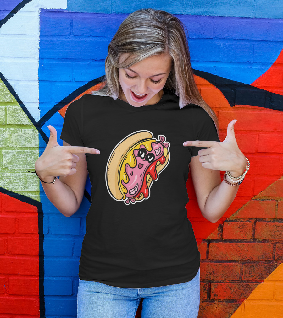 Wiener Smiling Hot Dog With Melted Cheese And Ketchup Cartoon Character T-Shirt