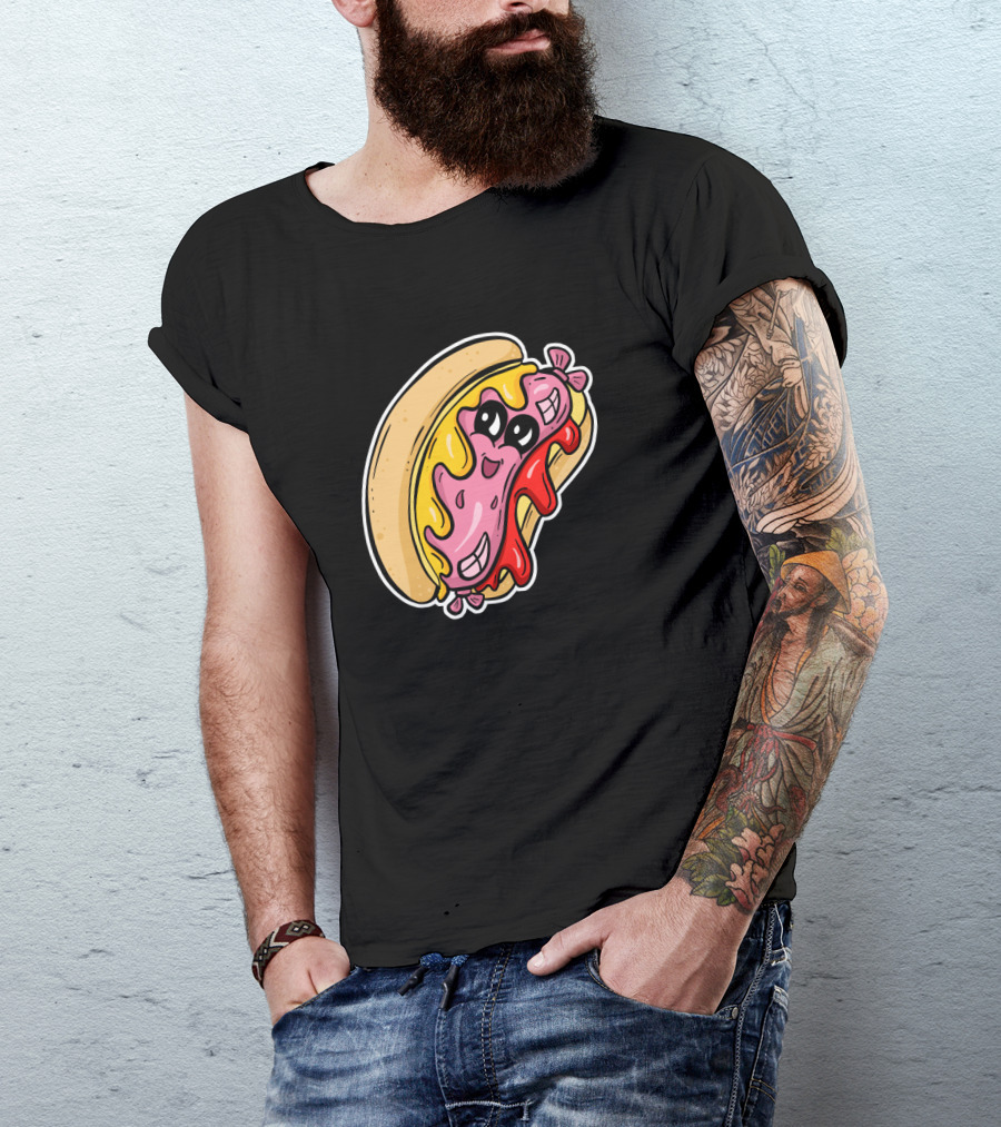 Wiener Smiling Hot Dog With Melted Cheese And Ketchup Cartoon Character T-Shirt