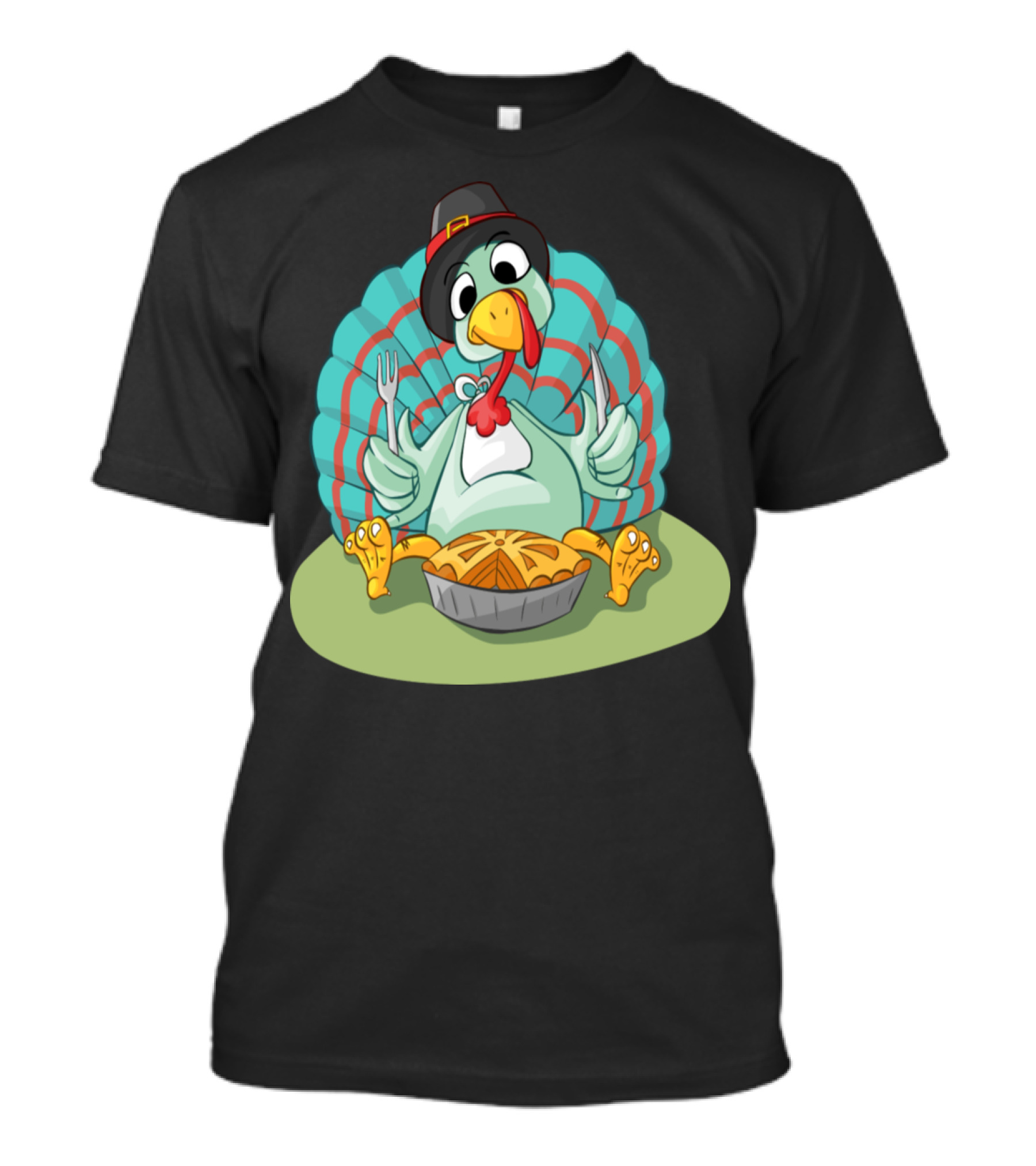 Thanksgiving Turkey Comic Style With Pilgrim Hat And Pumpkin Pie T-Shirt