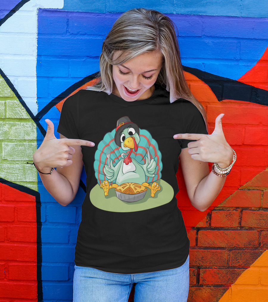 Thanksgiving Turkey Comic Style With Pilgrim Hat And Pumpkin Pie T-Shirt