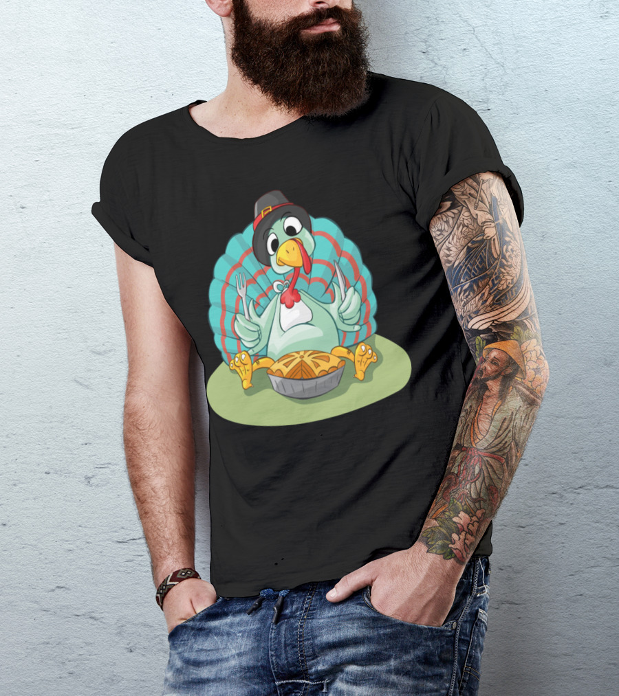 Thanksgiving Turkey Comic Style With Pilgrim Hat And Pumpkin Pie T-Shirt