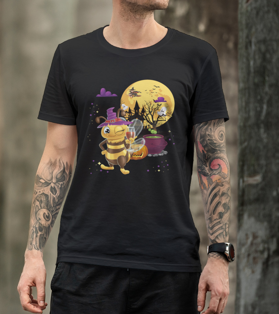 Honey Bee Witch With Wine And Pumpkin Halloween Scene T-Shirt