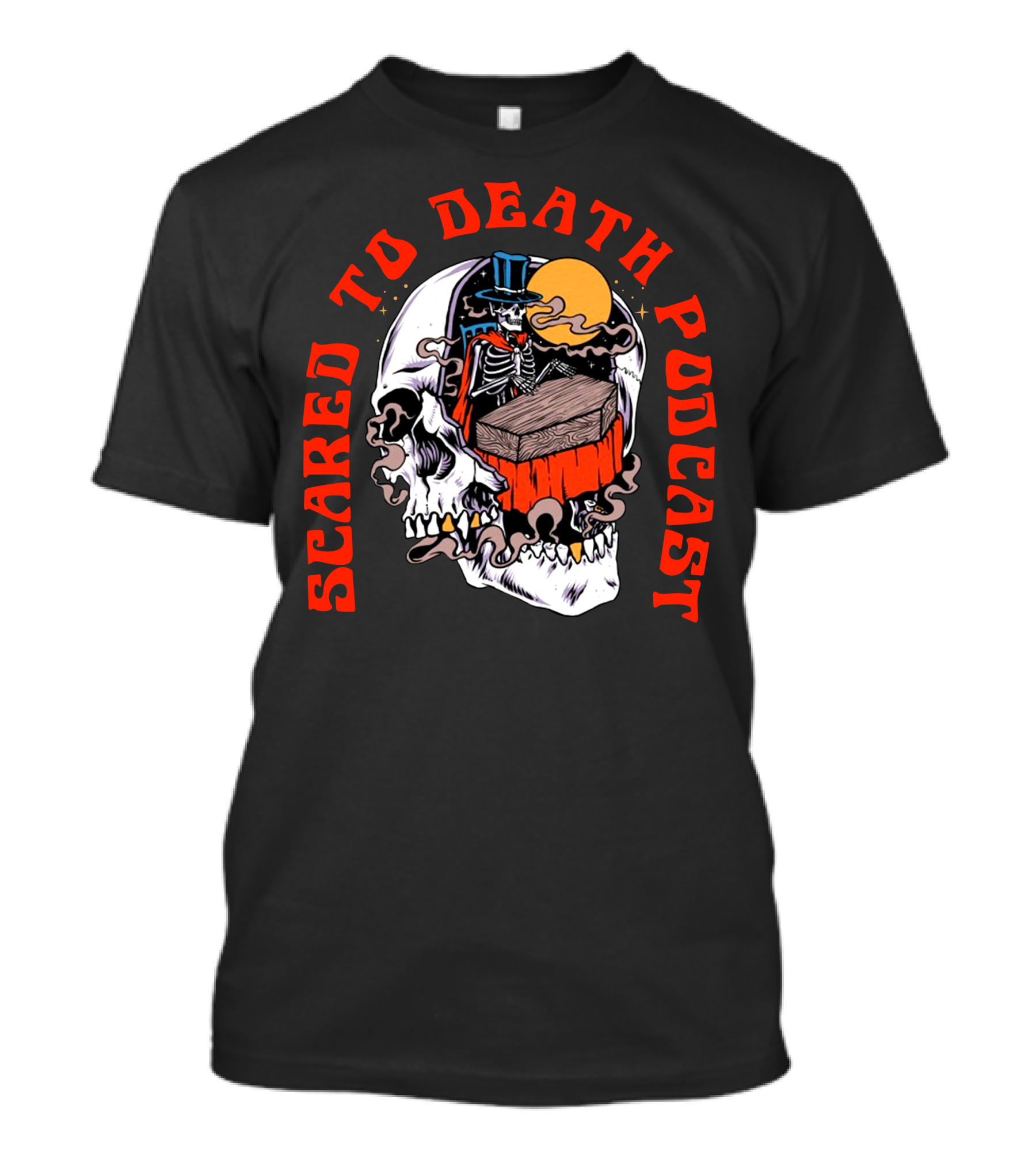 Scared To Death Podcast Skeleton Coffin Moon Skull T-Shirt