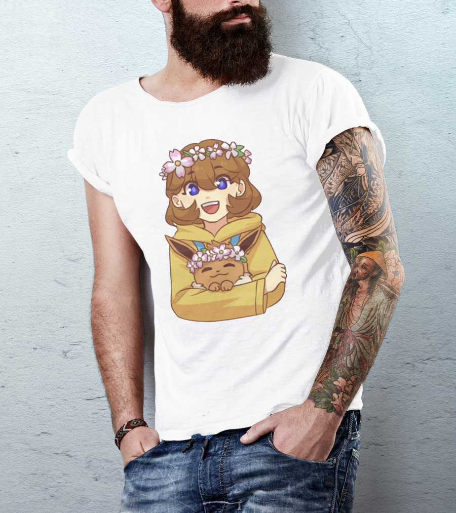 Ash With Flower Crown And Eevee Hugging T-Shirt