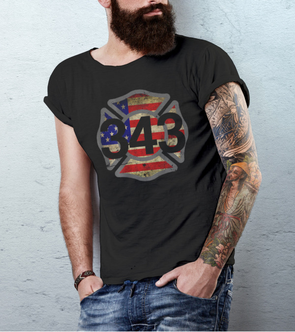 343 Firefighters Remembered 911 American Flag Axe Maltese Cross T-Shirt