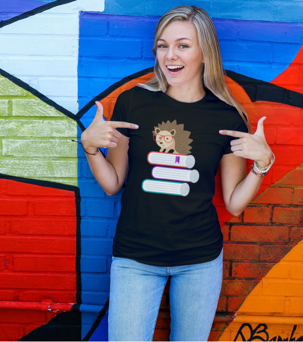 Adorable Funny Hedgehog With Glasses On Stack Of Books For Book Nerds T-Shirt