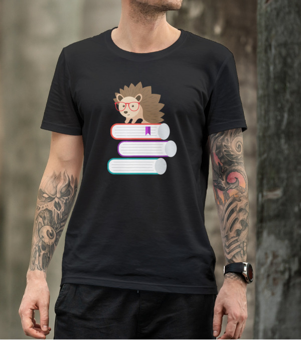 Adorable Funny Hedgehog With Glasses On Stack Of Books For Book Nerds T-Shirt