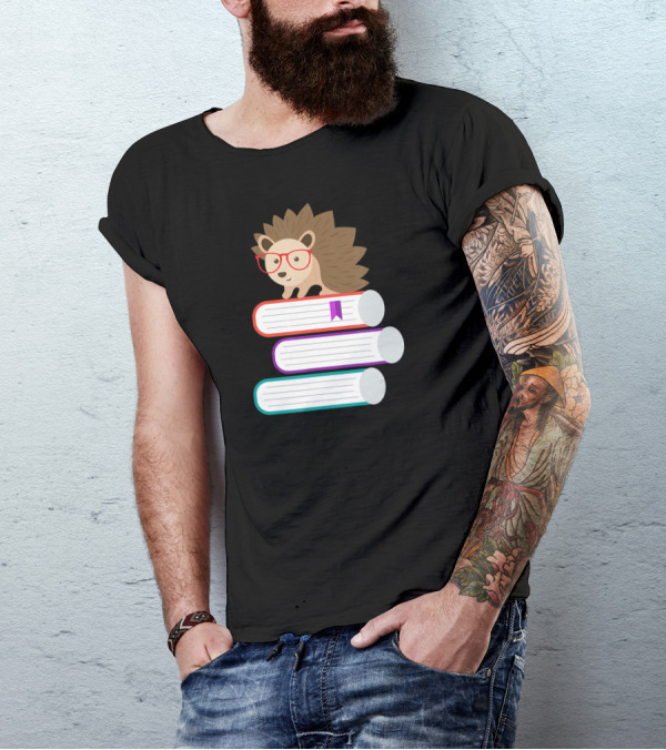 Adorable Funny Hedgehog With Glasses On Stack Of Books For Book Nerds T-Shirt