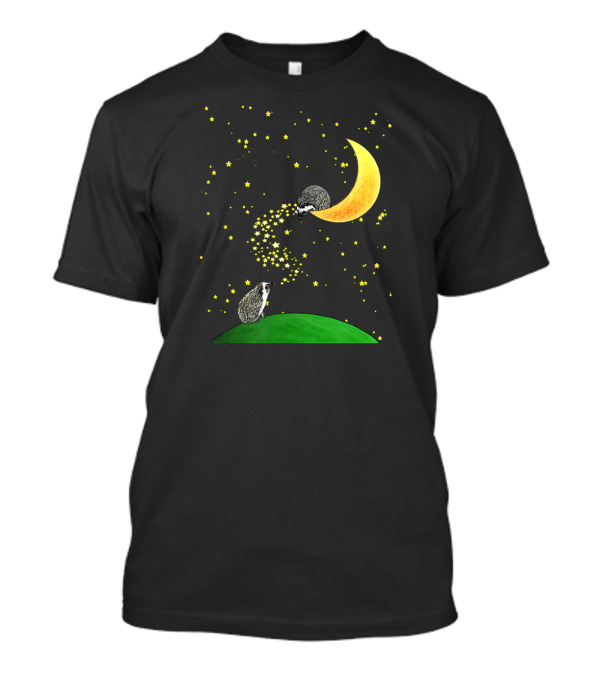 Adorable Hedgehogs With Yellow Crescent Moon And Glowing Stars On Green Hill T-Shirt
