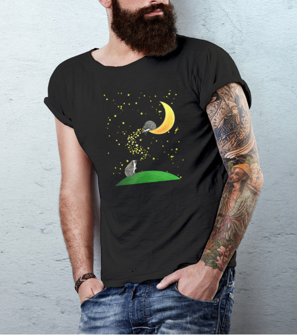 Adorable Hedgehogs With Yellow Crescent Moon And Glowing Stars On Green Hill T-Shirt