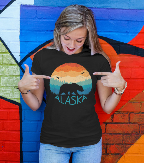 Alaska Retro Bear Silhouette With Colorful Mountain Sunset T-Shirt