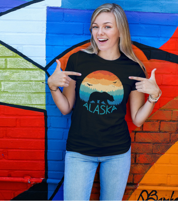 Alaska Retro Bear Silhouette With Colorful Mountain Sunset T-Shirt