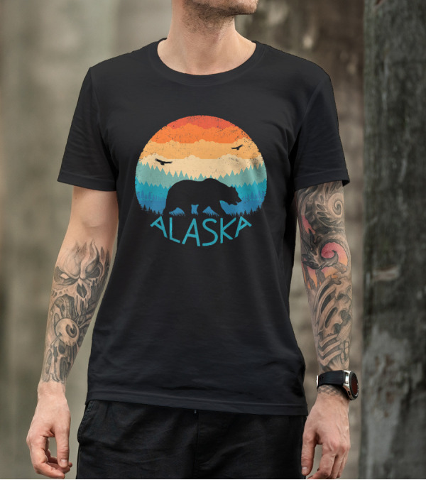 Alaska Retro Bear Silhouette With Colorful Mountain Sunset T-Shirt