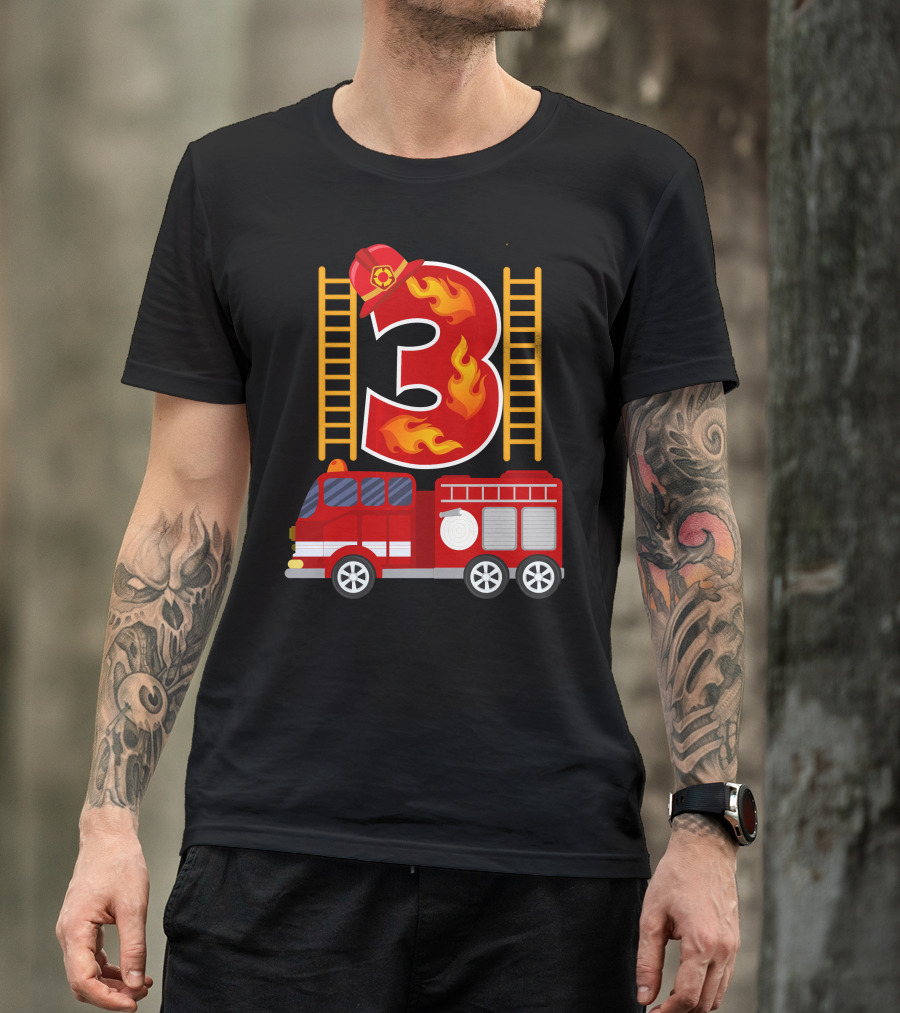 Birthday Number 3 Firetruck Firefighter Hat T-Shirt