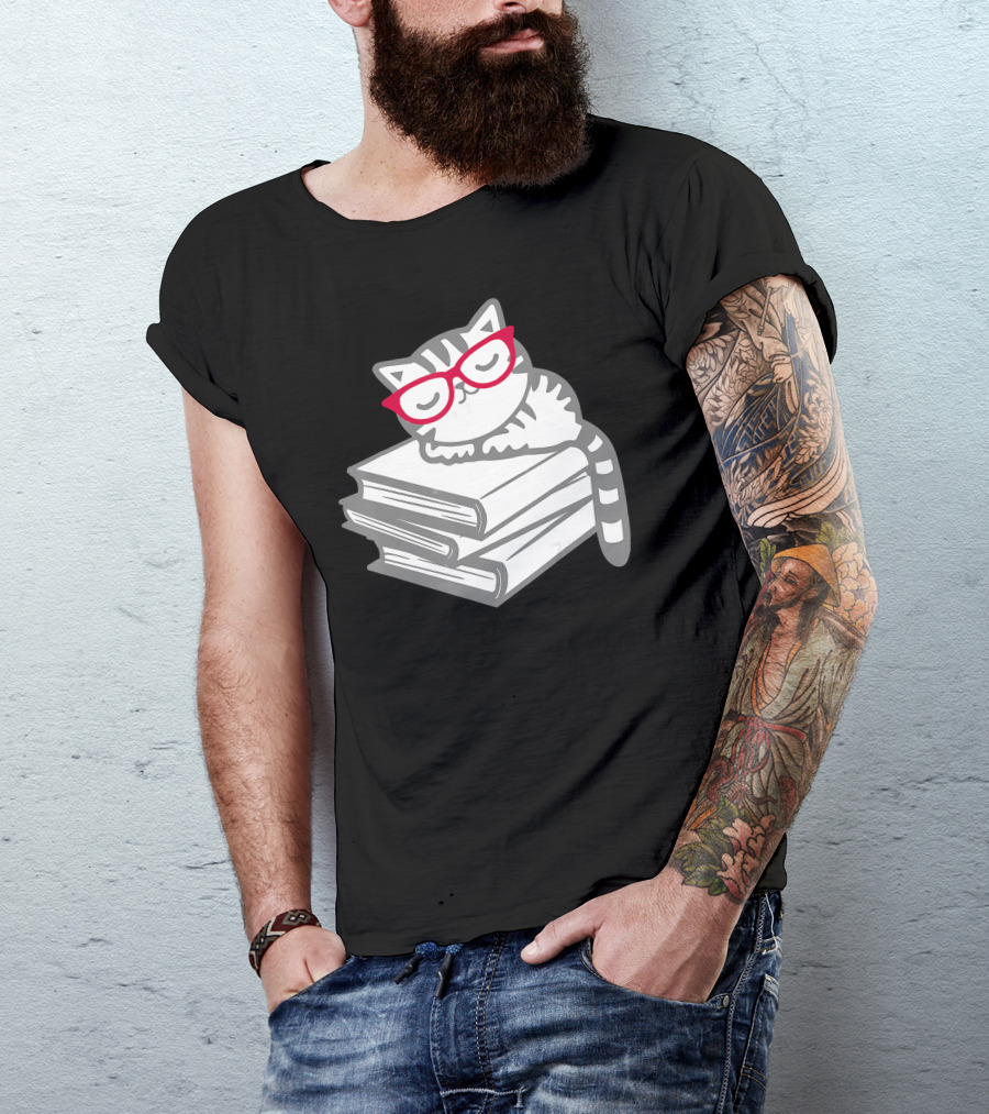 Cat Nerd Reader With Glasses Cute Geek On Books T-Shirt