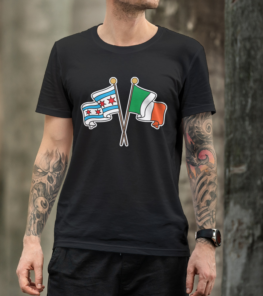 Chi Rish Chicago Flag Irish Flag Crossed Banners T-Shirt