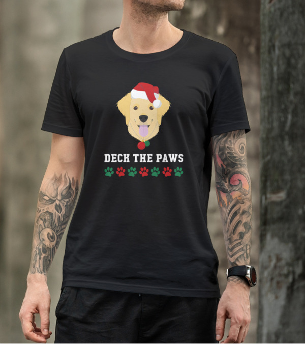 Deck The Paws Christmas Golden Retriever With Santa Hat And Paws T-Shirt