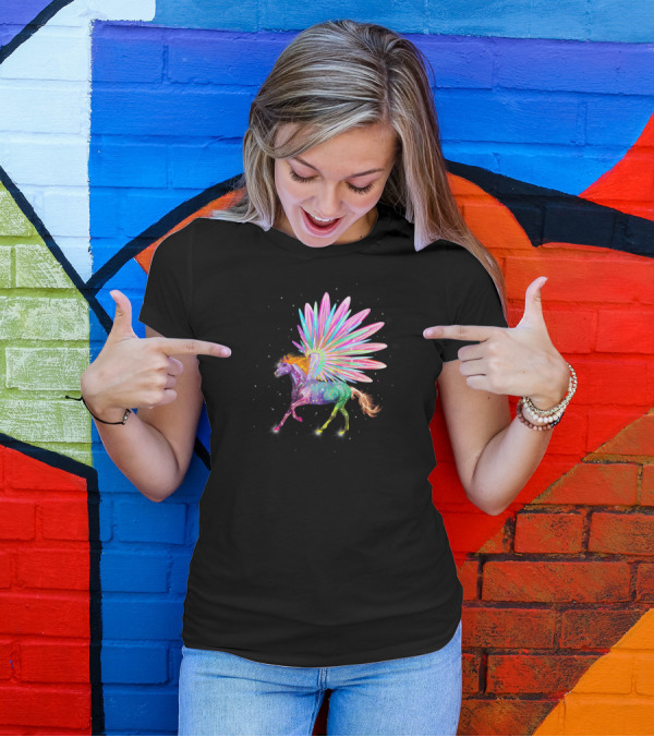 Vibrant Sparkling Rainbow Pegasus Horse With Multicolored Wings T-Shirt