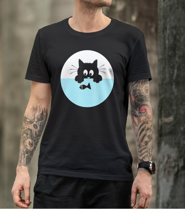 Cute Cat Watching Fish Playfully Floating Birthday T-Shirt