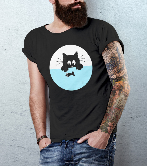 Cute Cat Watching Fish Playfully Floating Birthday T-Shirt